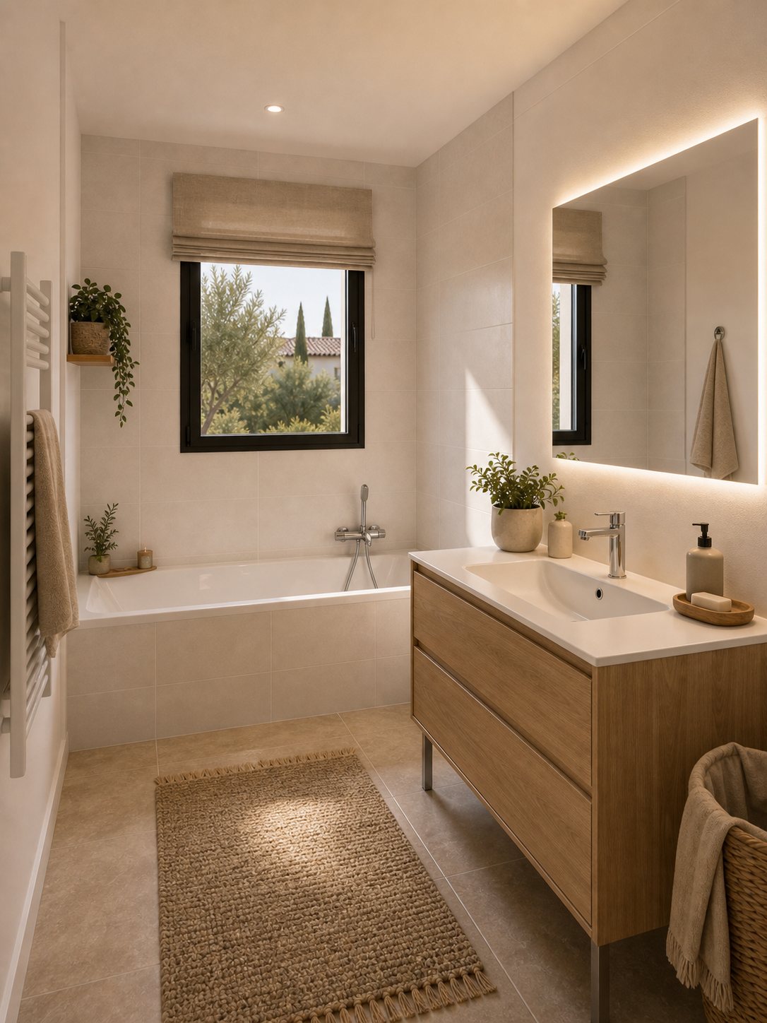 Rendu interieur 3D d'une salle de bain avec baignoire et meuble double vasque