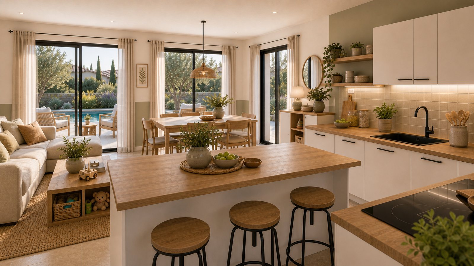 Rendu interieur 3D d'une cuisine blanche et bois ouverte sur le sejour
