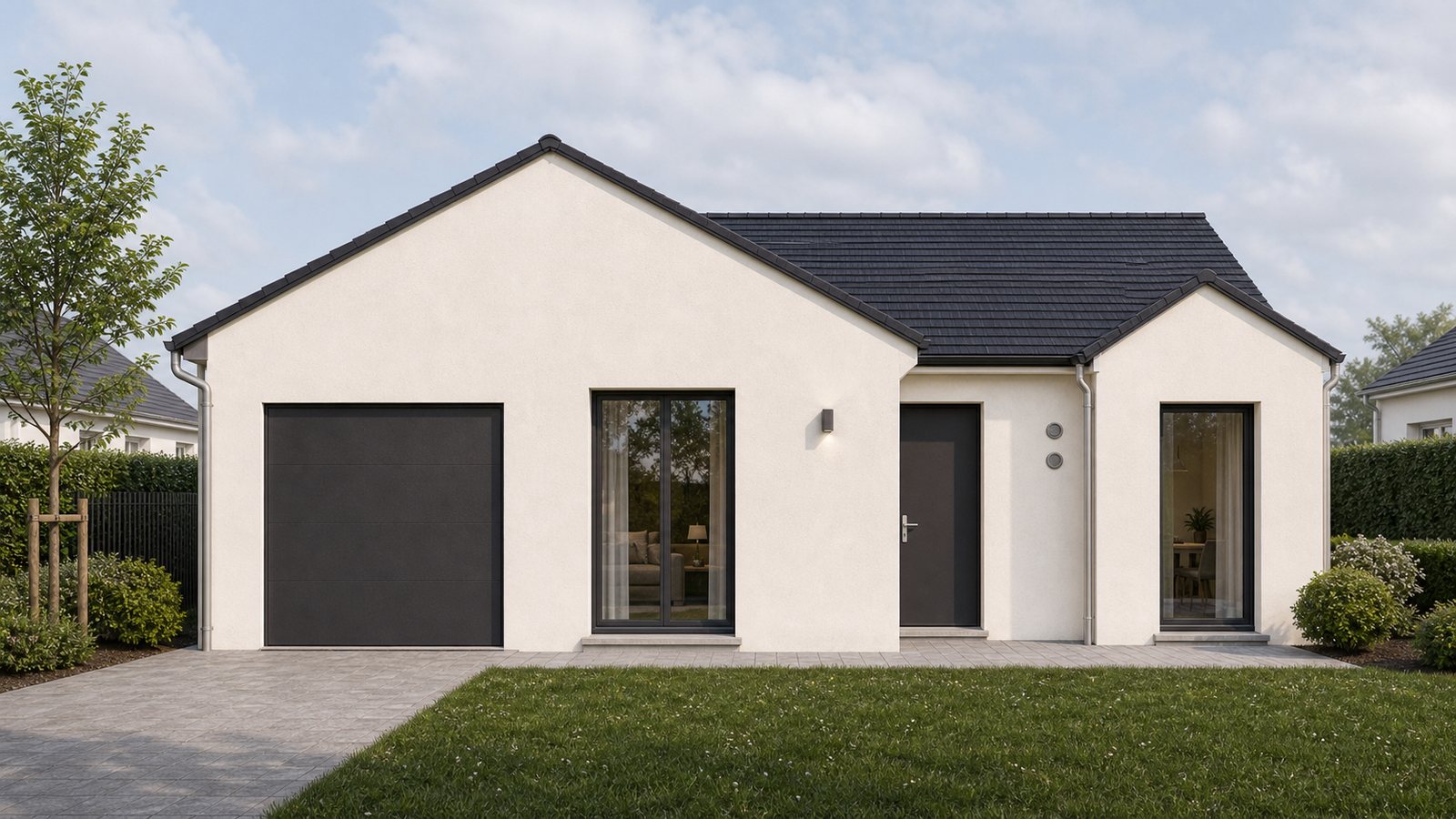 Rendu 3D exterieur d'une maison compacte avec garage