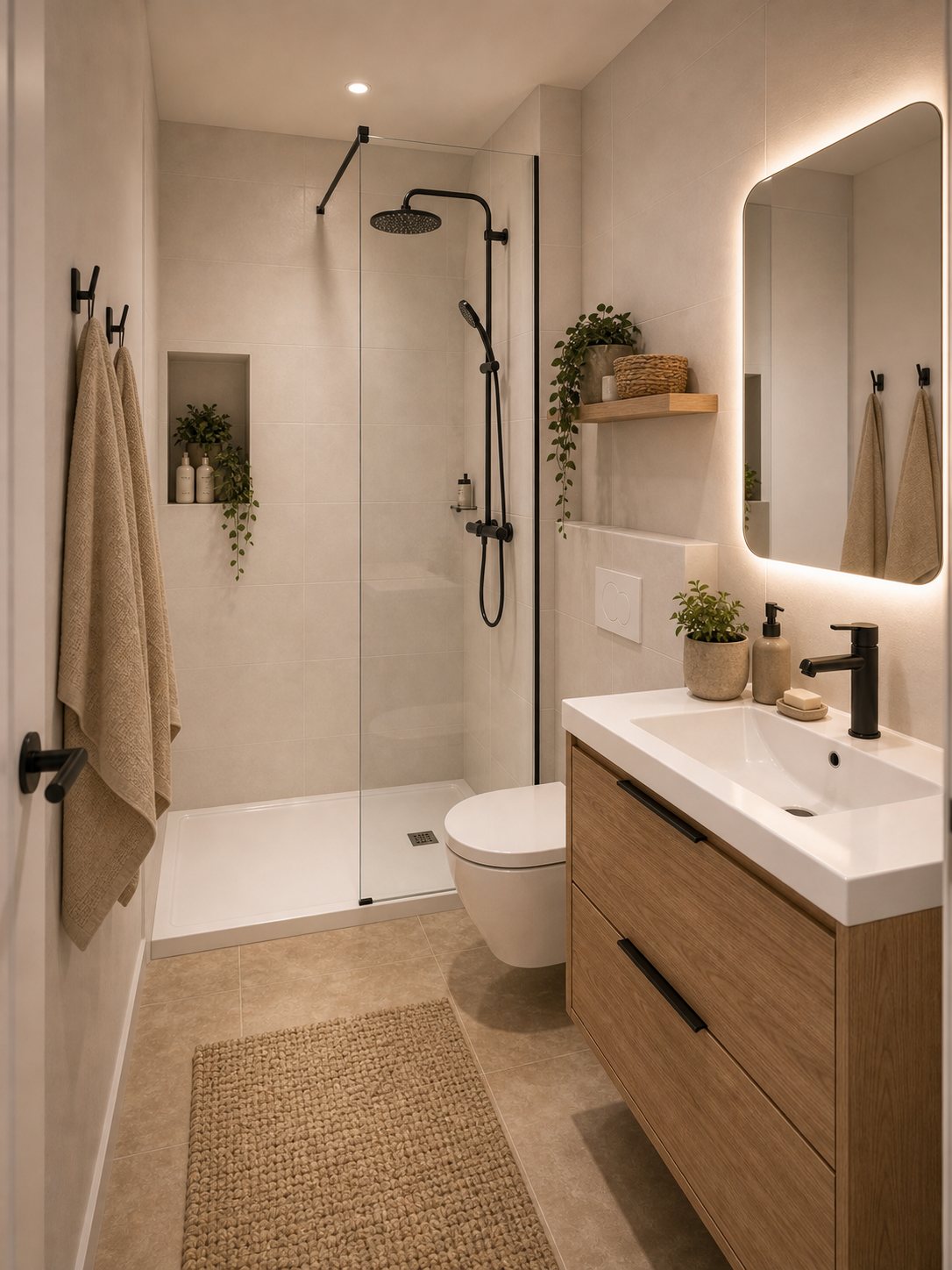 Vue interieure 3D d'une salle d'eau compacte avec douche et meuble vasque