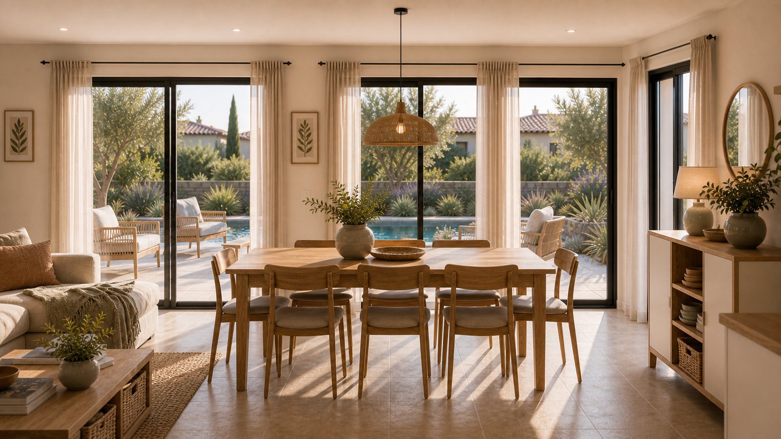 Vue interieure 3D d'une salle a manger ouverte sur jardin
