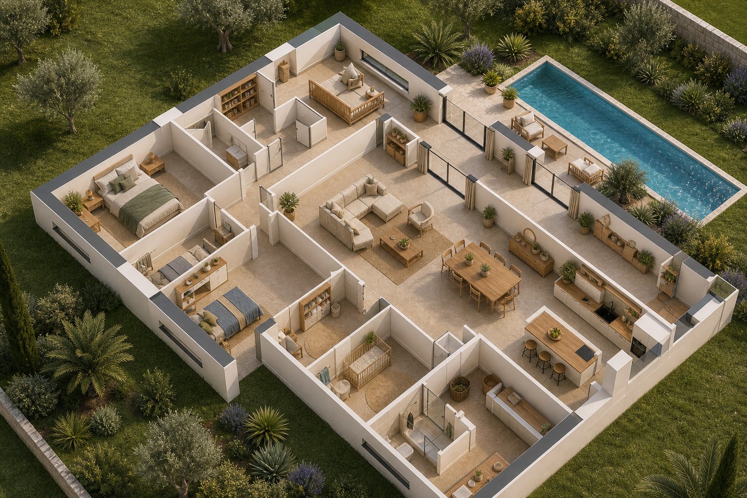 Rendu final photorealiste d'un plan 3D de maison amenagee