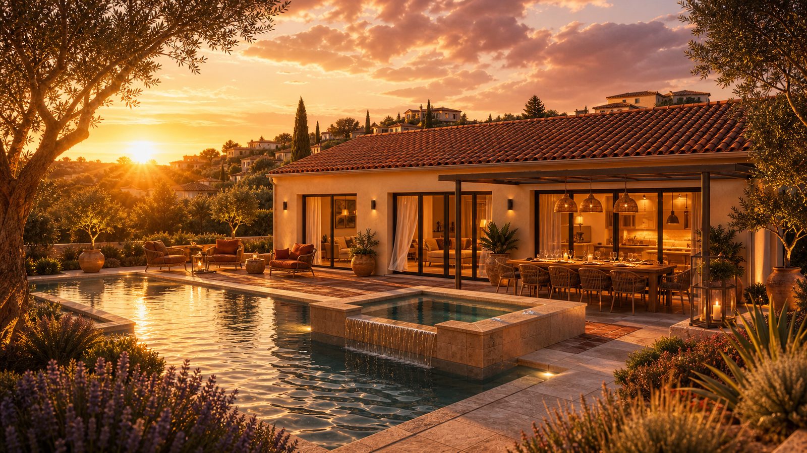 AMBRE 3.104 GI Sud – terrasse et piscine au golden hour