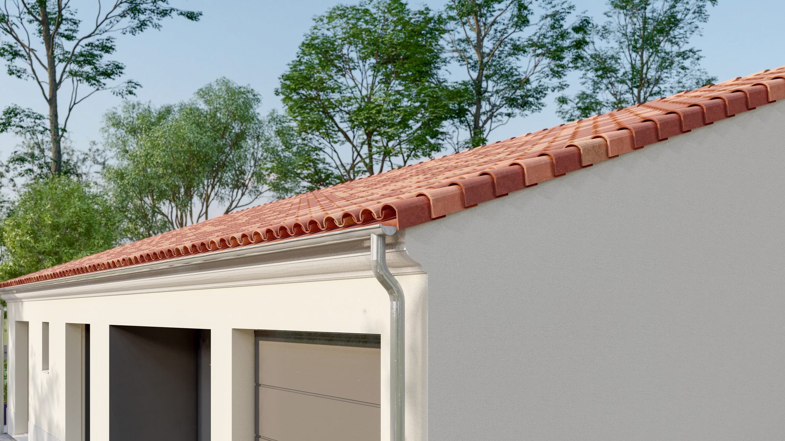 AMBRE 3.104 GI Sud – détail façade Sud avec tuiles, débords et garage